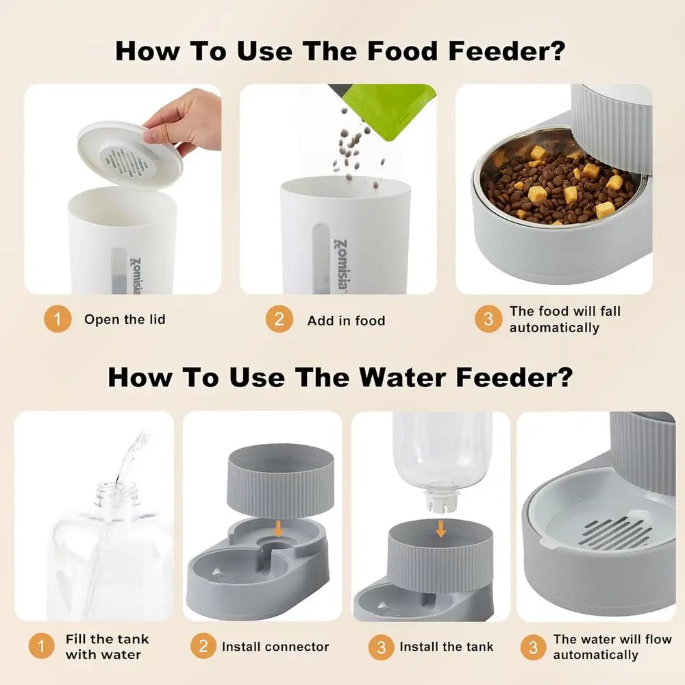 Gravity Cat Feeder and Water Dispenser - Automatic With Stainless Steel Bowl, (2 )