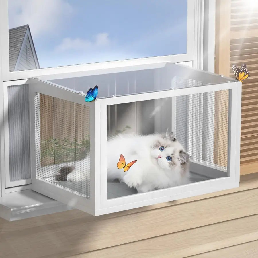 Window Box Cat, Outdoor/Indoor Cat Enclosure with Clear Panels, Mesh Sides