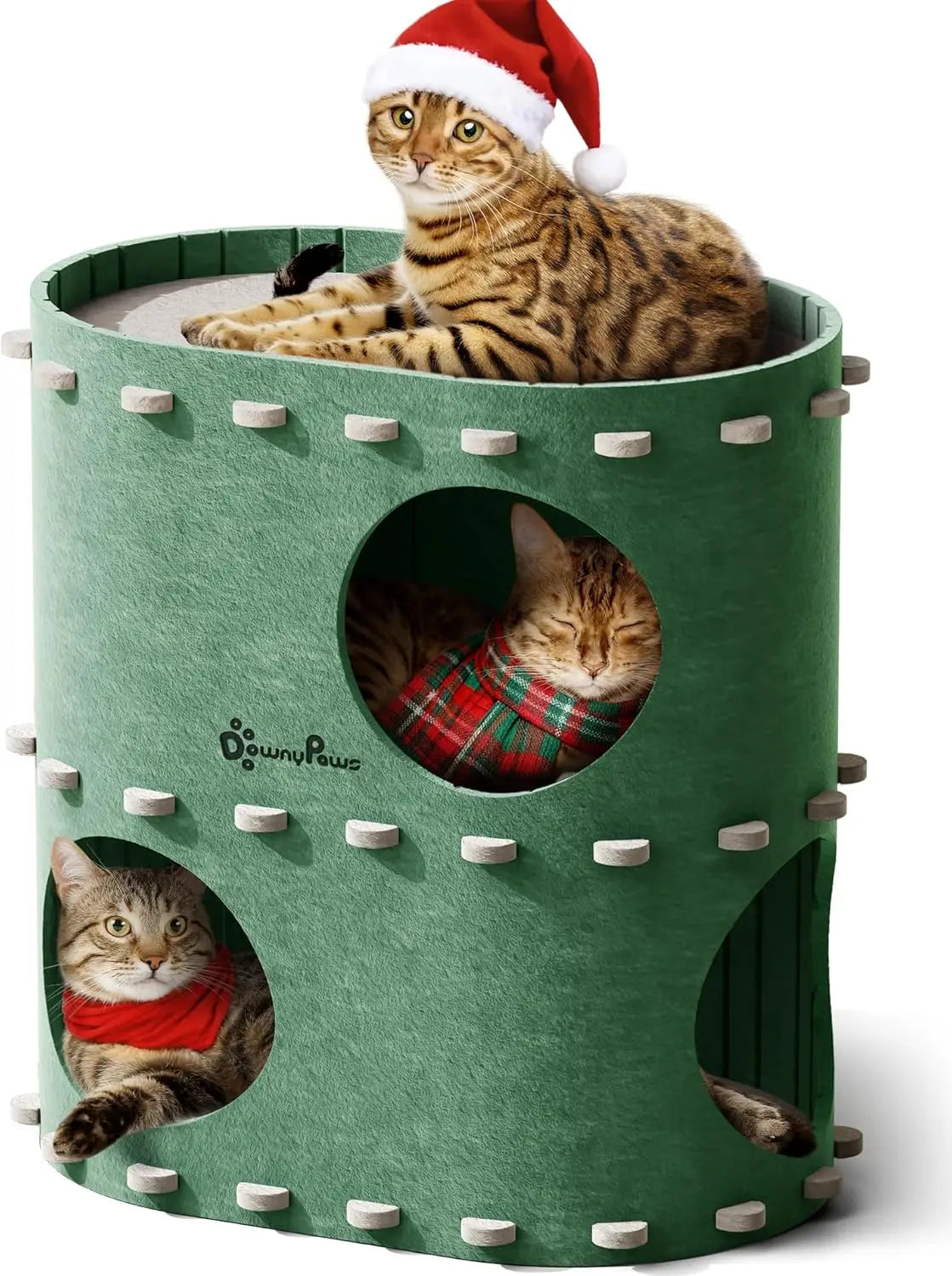 2-Story Foldable Cat Bed Cave, Felt Tunnel Hideaway for Indoor Cats, Scratch-Resistant Multi-Cat Condo