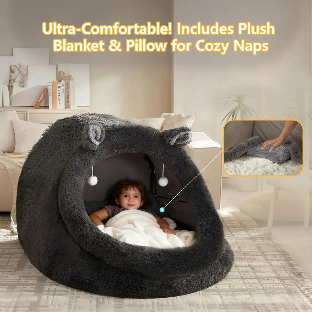 Extra Large Gray Fluffy Pet Bed with Canopy for Dogs, Cats & Humans, Removable Pillow & Blanket, Machine Washable