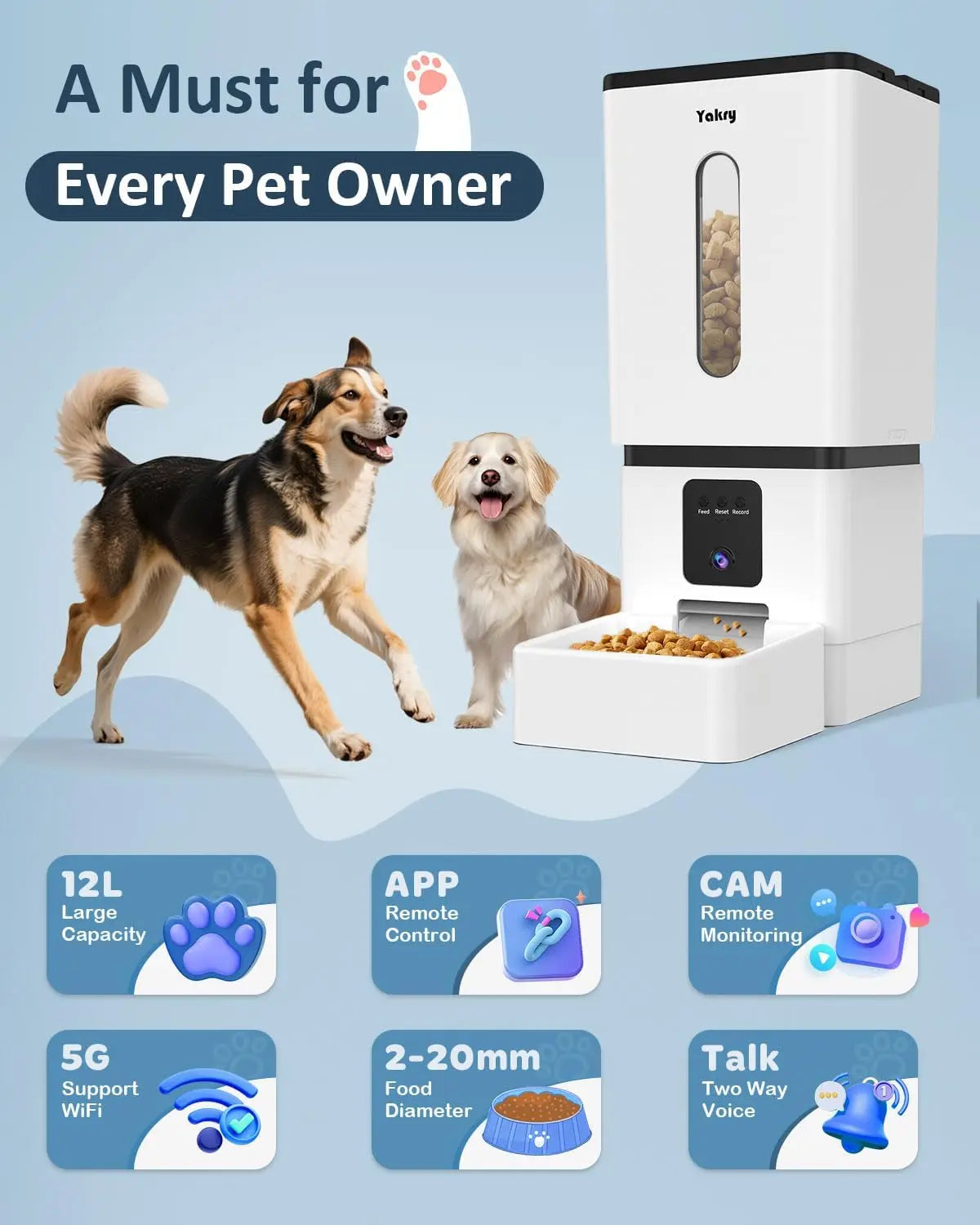 Smart Automatic Dog Feeder with Camera, 12L Capacity, WiFi App Control, HD Night Vision