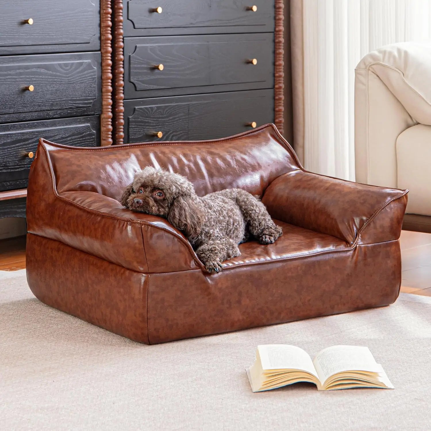 Leather Dog Bed Couch for Small to Medium Dogs, Brown Elevated Pet Sofa Bed
