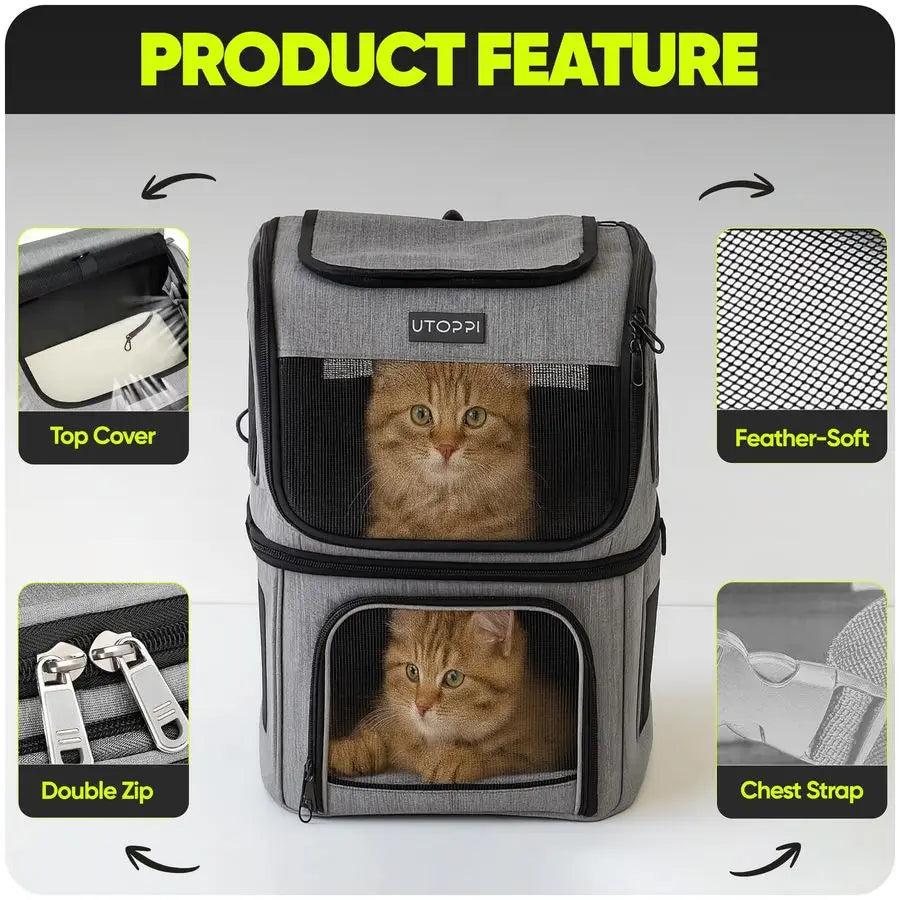 Backpack Carrier for 2 Cats, Kittens or Small Dogs, Foldable & Breathable Pet Travel Bag
