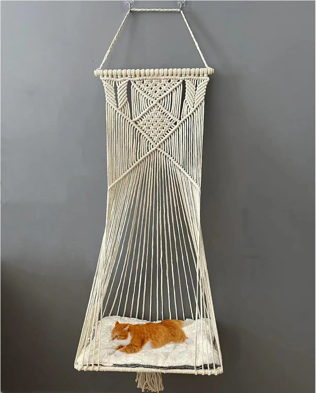 Macrame Hanging Cat Hammock Space Saving Window Perch with Washed Cotton
