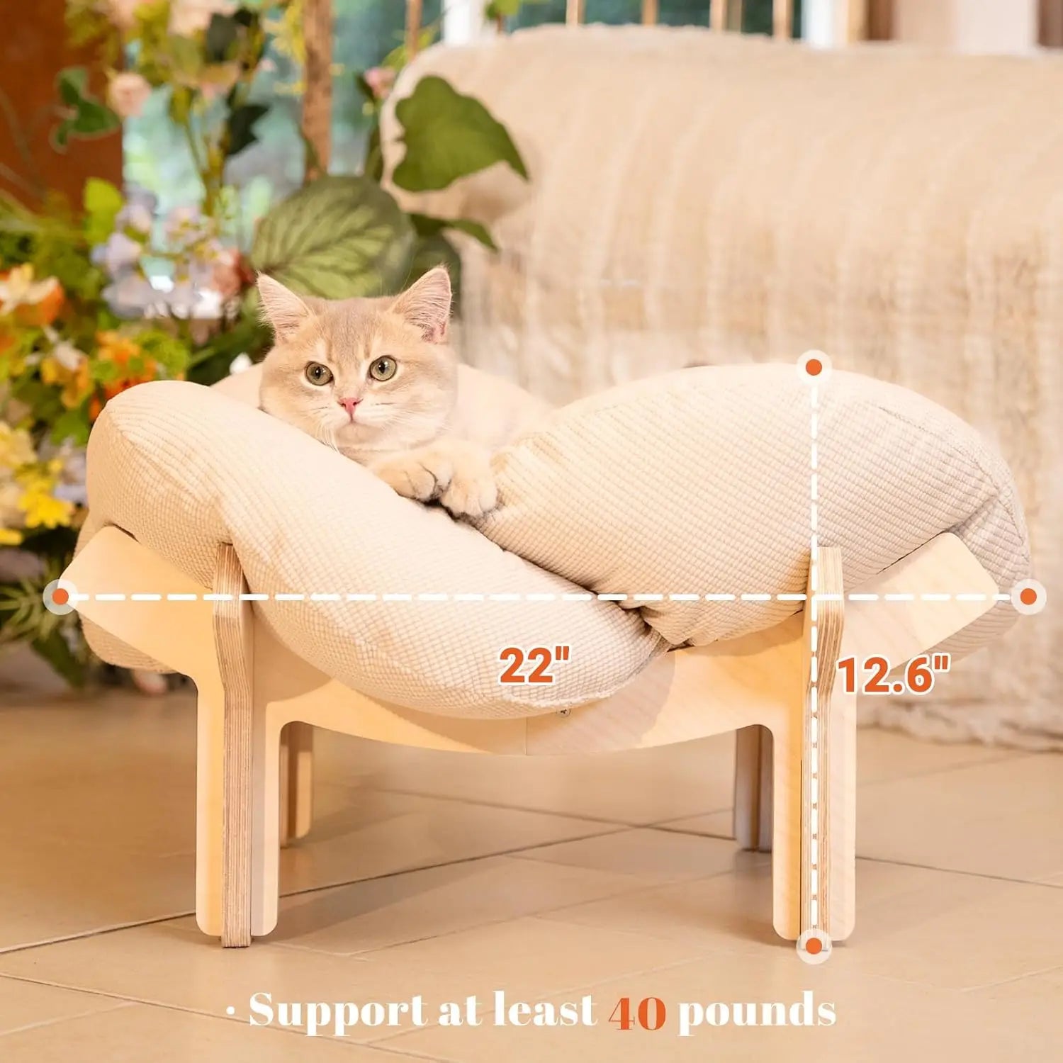 Elevated Cat Bed Wooden with Cushion. Raised Kitty Lounge Chair Suitable for Puppy, Cat