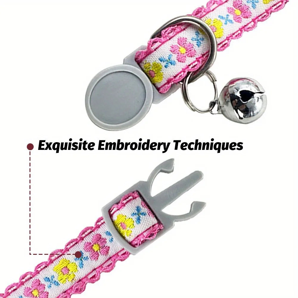 Exquisite Floral Embroidered Cat Collars, Adjustable And Durable With Bell