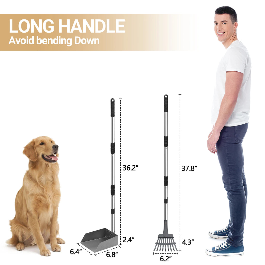 Dog Pooper Scooper, Dog Poop Tray and Rake Set,  Long Adjustable Sectional Stainless Handles