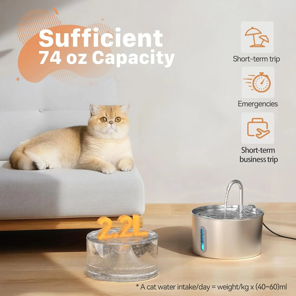 Stainless Steel Cat Water Fountain, 2.2L Automatic Water Dispenser with Quiet Pump and Level Window
