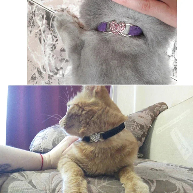 Heart Charm and Bell Cat Collar Safety Elastic Adjustable with Soft Velvet Material