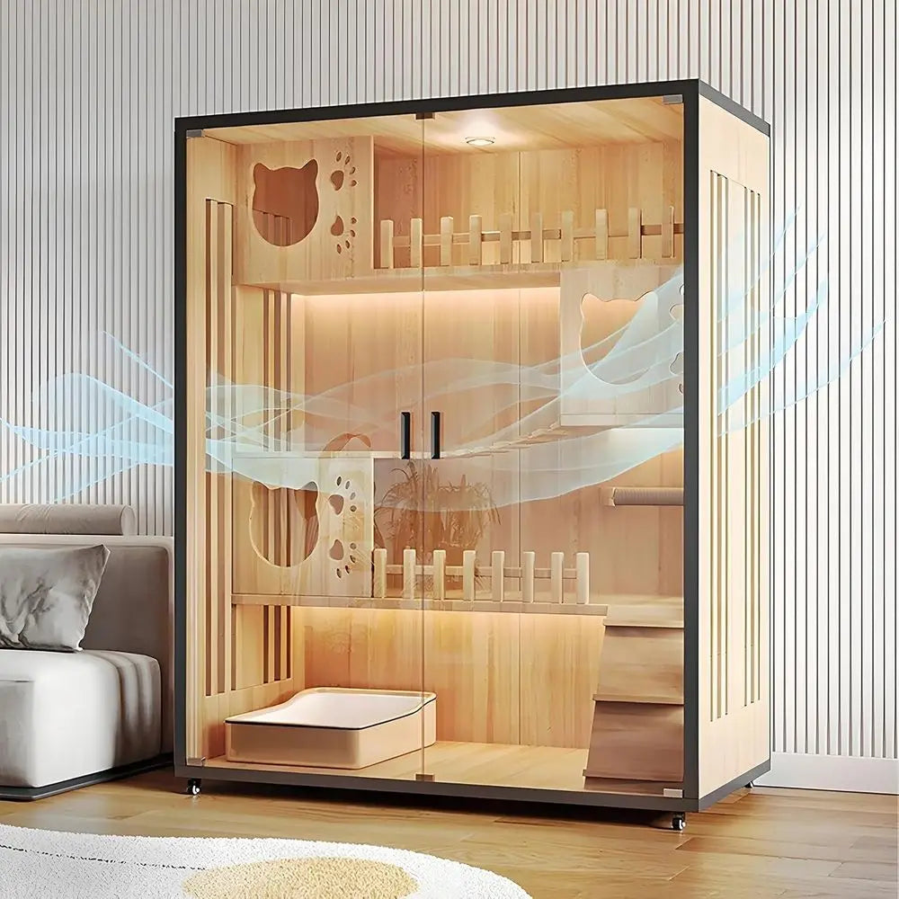 Modern Cat House & Indoor Villa - Extra Large Wooden Enclosure with Lockable Wheels & Tempered Glass