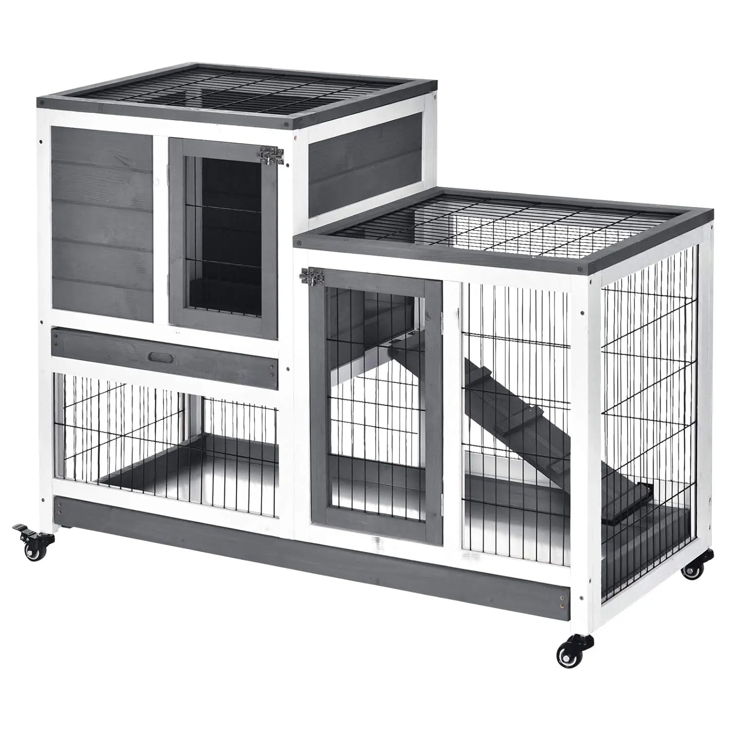 Wooden Rabbit Hutch Elevated Bunny Cage Indoor Small Animal Habitat with Enclosed Run with Wheels
