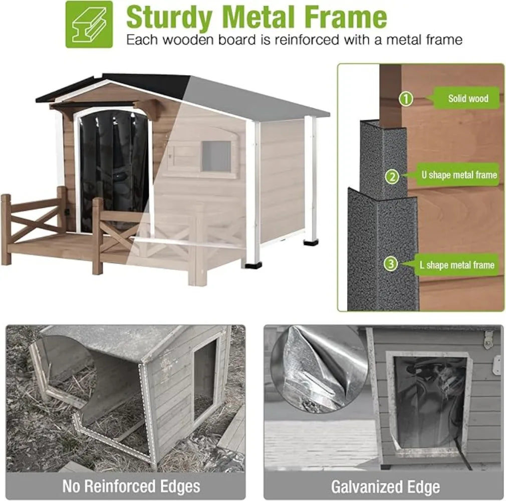 Dog House/Outdoor Dog Kennel with Safe Heated Pad, Chew-Proof Metal Frame and Insulated Liner