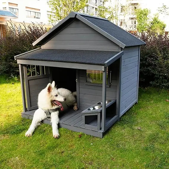 Dog House with Porch And with Dog Bowl, Door, Window, Removable Base Plate, Weatherproof Dog Kennel