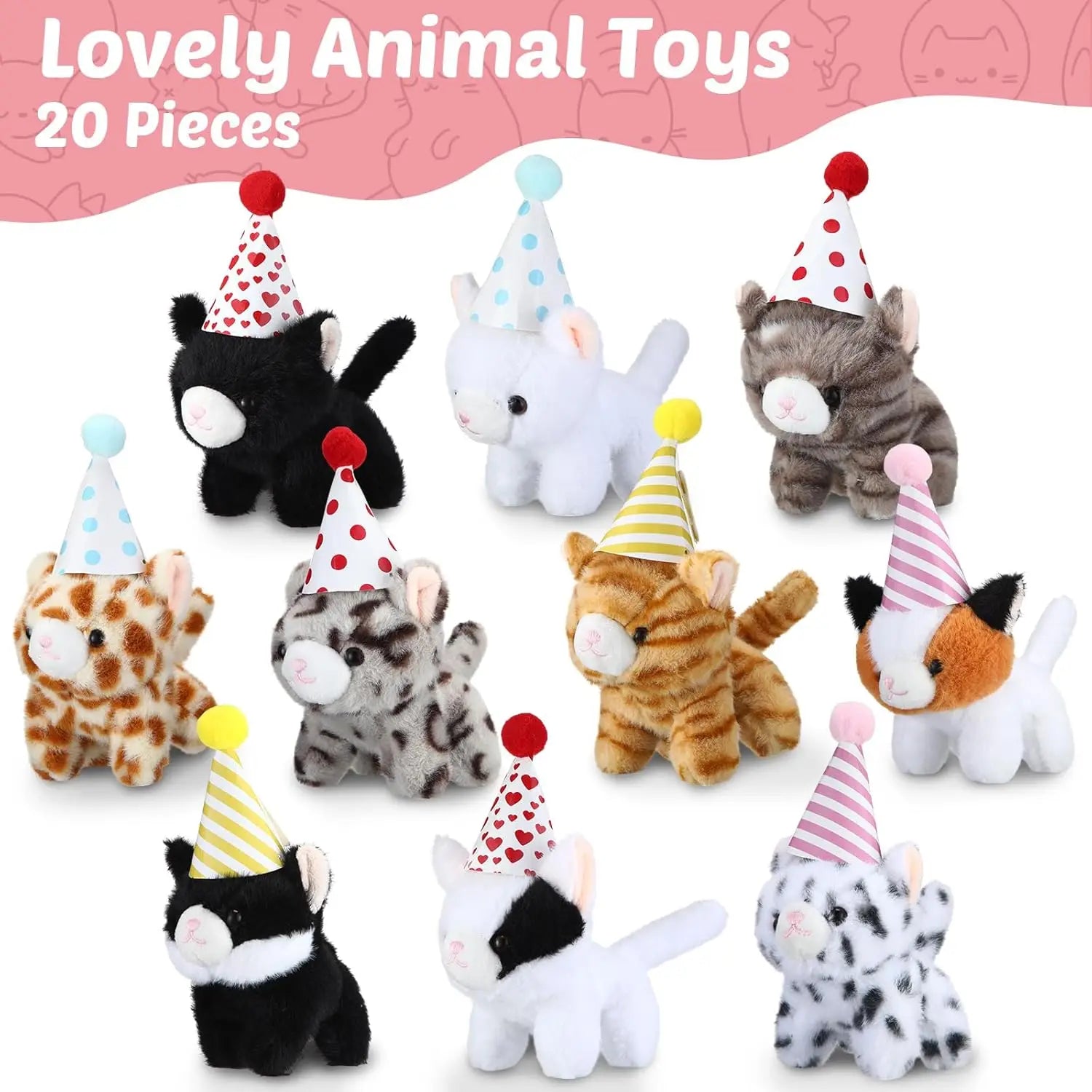 20 Mini Plush Cat Toys with Birthday Hats and Paper Houses