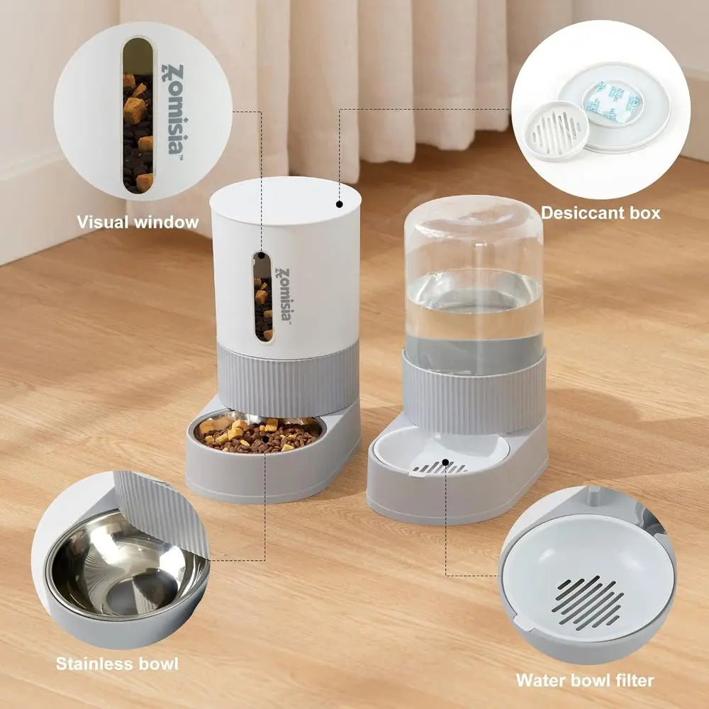Gravity Cat Feeder and Water Dispenser - Automatic With Stainless Steel Bowl, (2 )