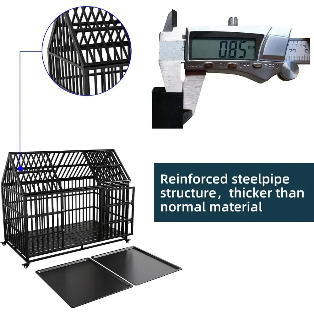54 inch Heavy Duty Indestructible Dog Crate, Escape Proof with Lockable Wheels