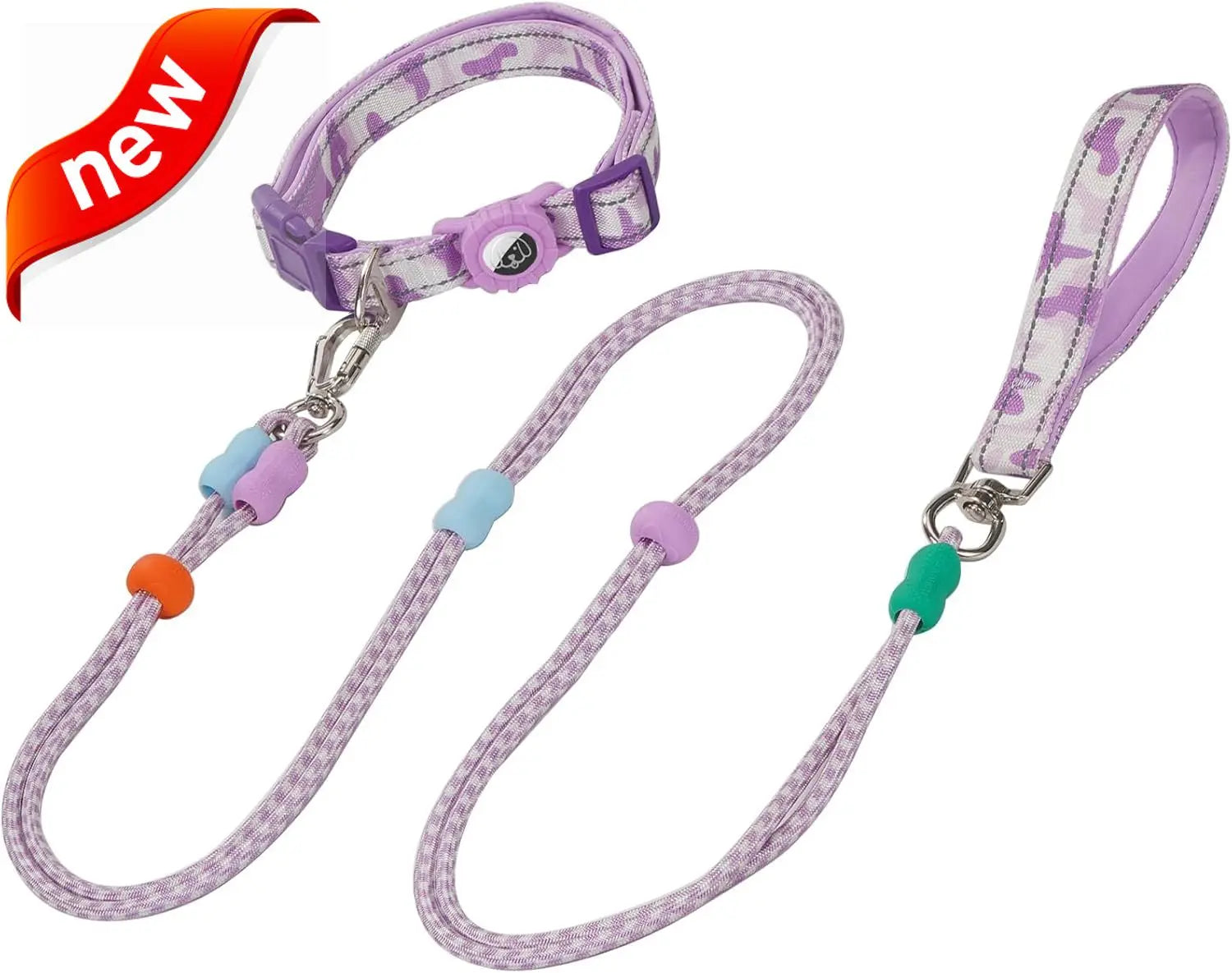Dog Leash and Collar Set with AirTag Holder for Small Medium, Large Dogs, 5 FT Double Rope Leashes