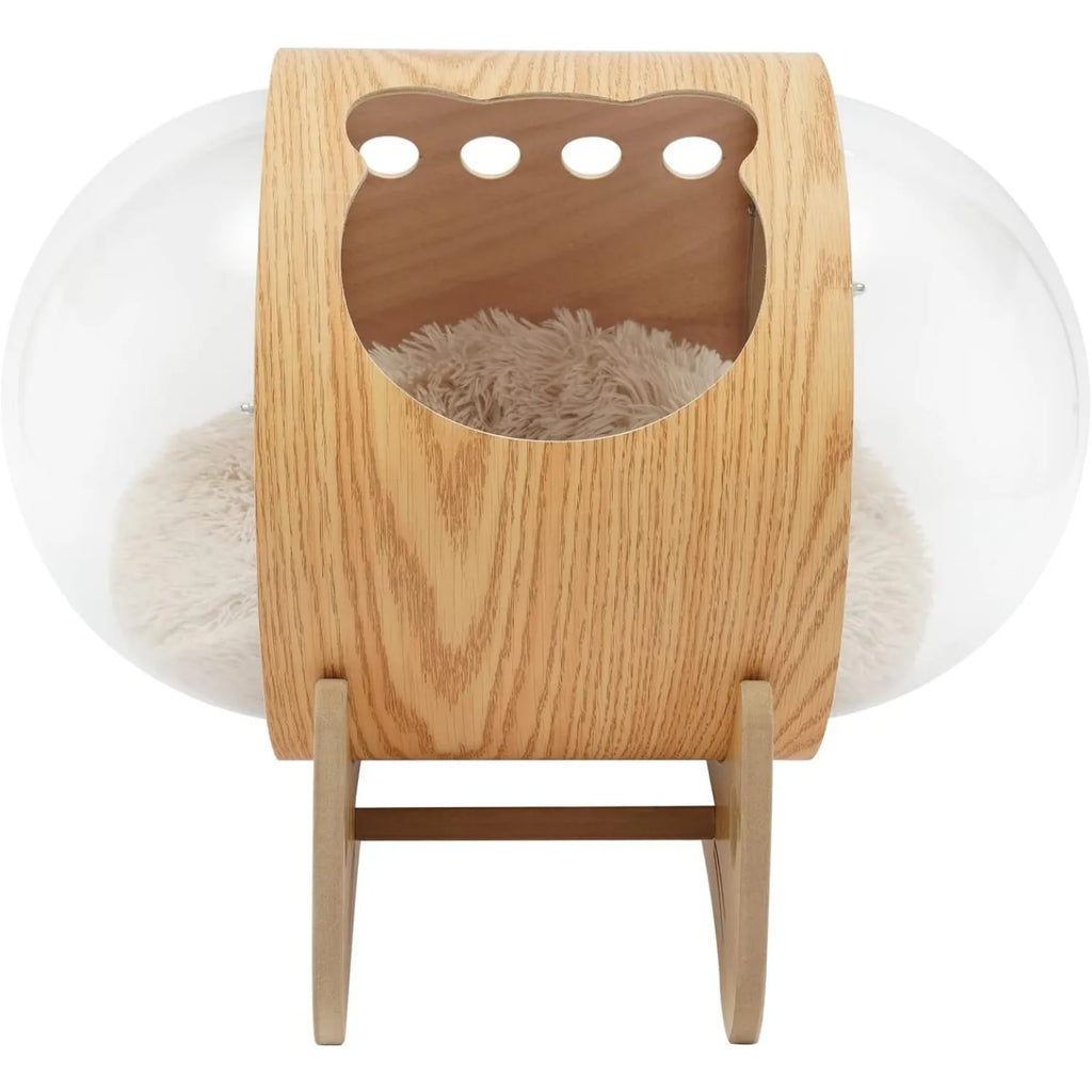 Luxury Cat Pod Bed, Wooden Frame with Clear Acrylic Dome 3.9" Thick Cushion