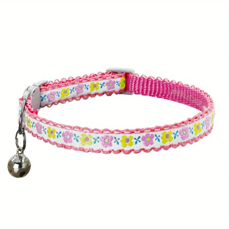 Exquisite Floral Embroidered Cat Collars, Adjustable And Durable With Bell