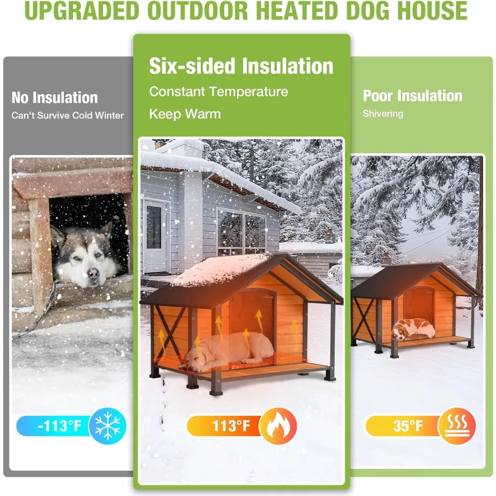 Heated Outdoor Dog House Insulated, Weatherproof Wooden Dog Kennel for Winter with Heating Pad and Insulation