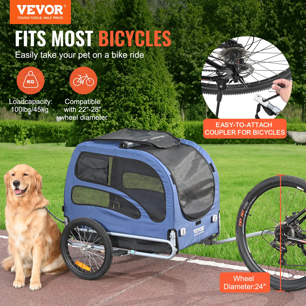 100lbs Pet Cart Bicycle Carrier Dog Bike Trailer with Coupler, Reflectors, Flag, Collapsible to Store