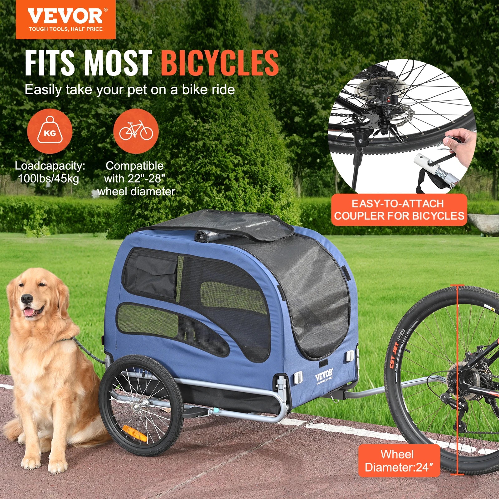 100lbs Pet Cart Bicycle Carrier Dog Bike Trailer with Coupler, Reflectors, Flag, Collapsible to Store