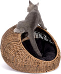 Wicker Cat Bed Dome for Medium Indoor Cats - Covered Hideaway Hut with Washable Cushion