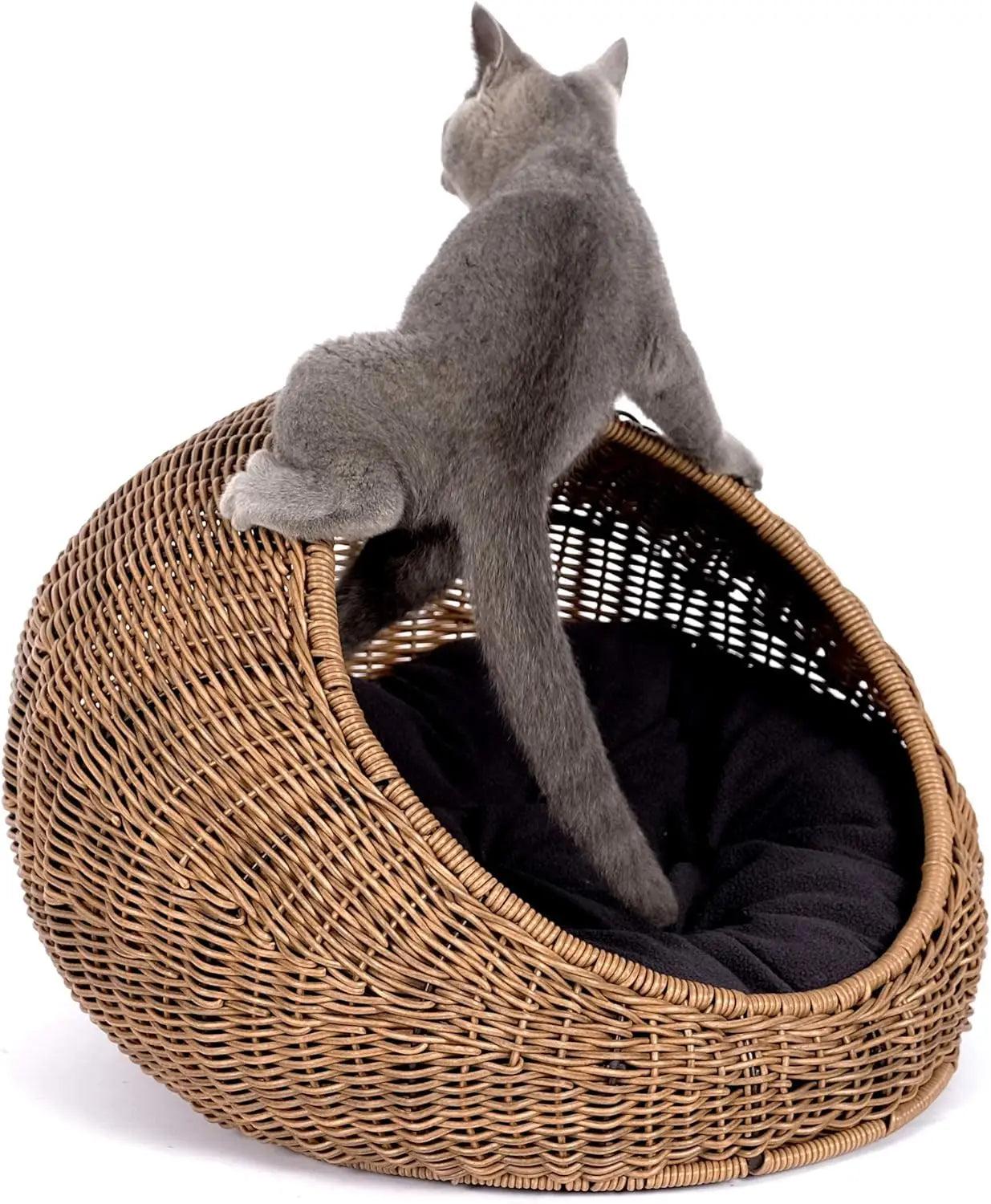 Wicker Cat Bed Dome for Medium Indoor Cats - Covered Hideaway Hut with Washable Cushion