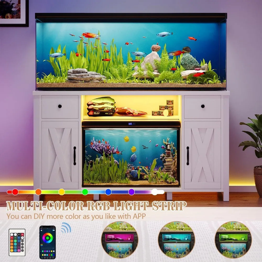 75 Gallon Fish Tank Stand with Power Outlets & LED Light, Farmhouse Stand with 2 Drawers and 2 Barn Doors