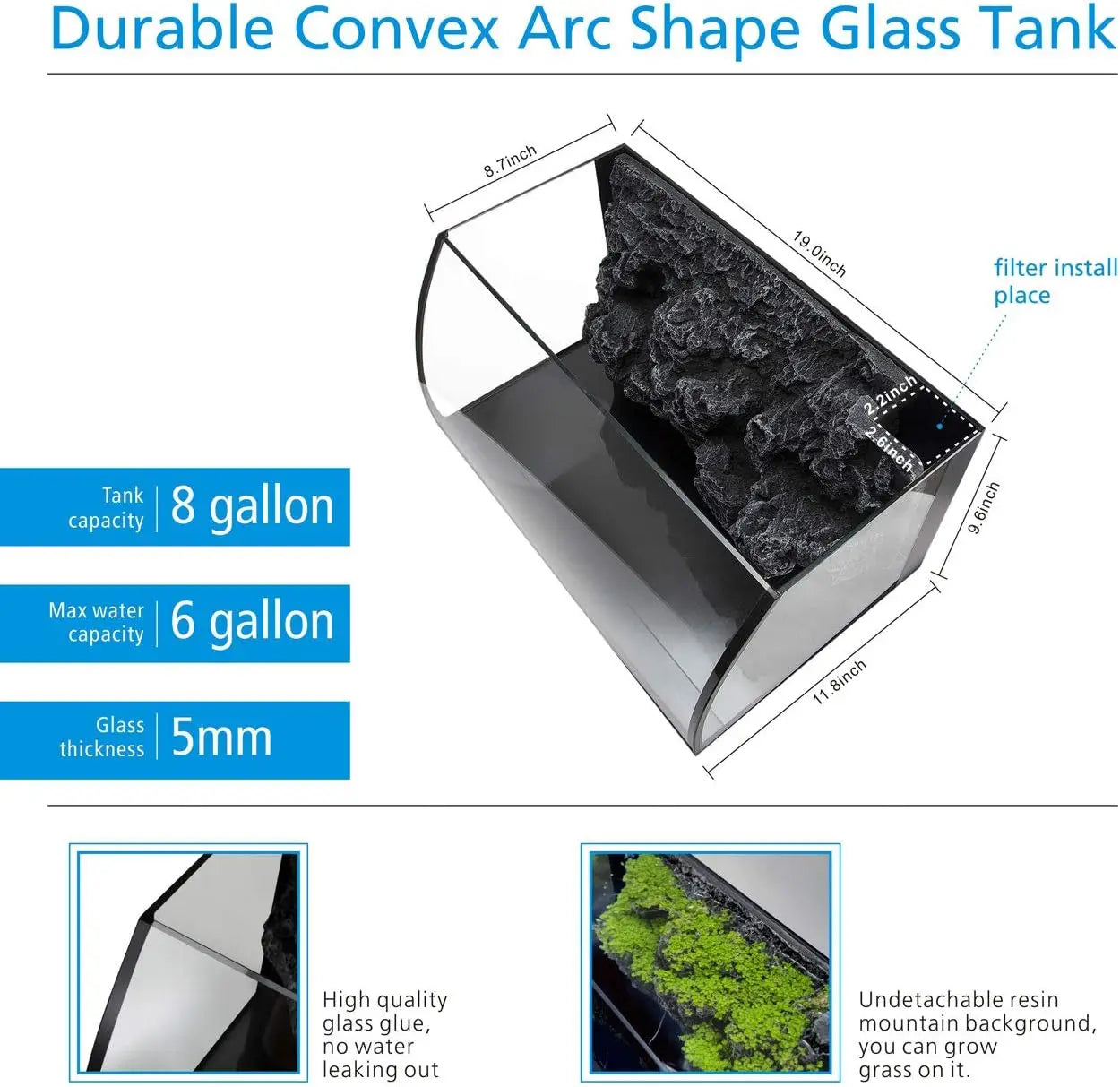 8 Gallon LED Glass Aquarium Kit for Starters with Filter Pump, Colored Light, 3D Rockery Background