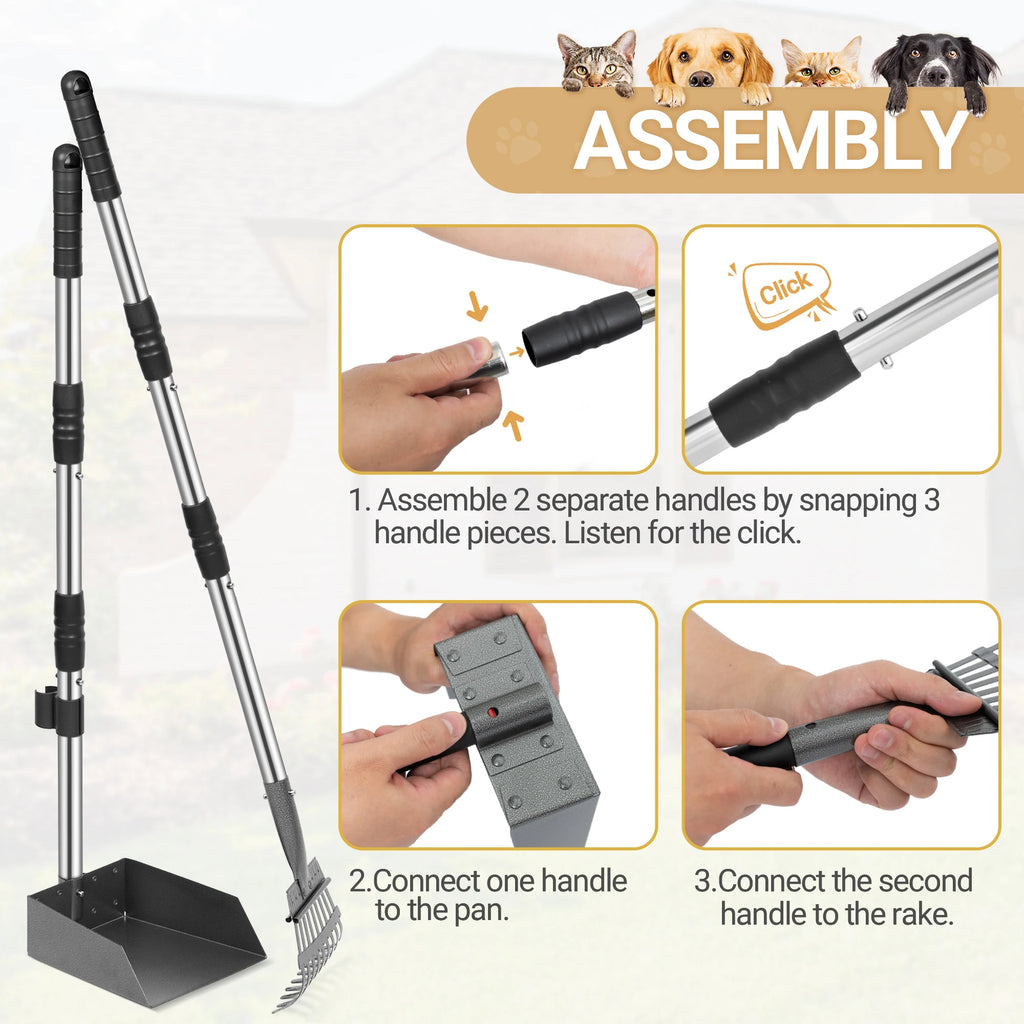 Dog Pooper Scooper, Dog Poop Tray and Rake Set,  Long Adjustable Sectional Stainless Handles