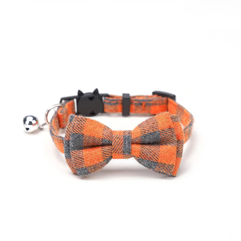 Pet Breakaway Cat Collar Bow Tie and Bell Cute Plaid, Elastic Adjustable Dog Collar With Sash