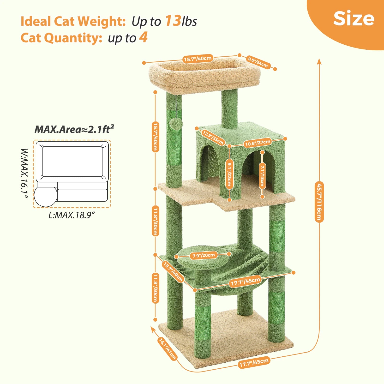 Cactus Cat Tree Tower for Large Cats with Metal Plush Big Hammock Condo House with Large Top Perch