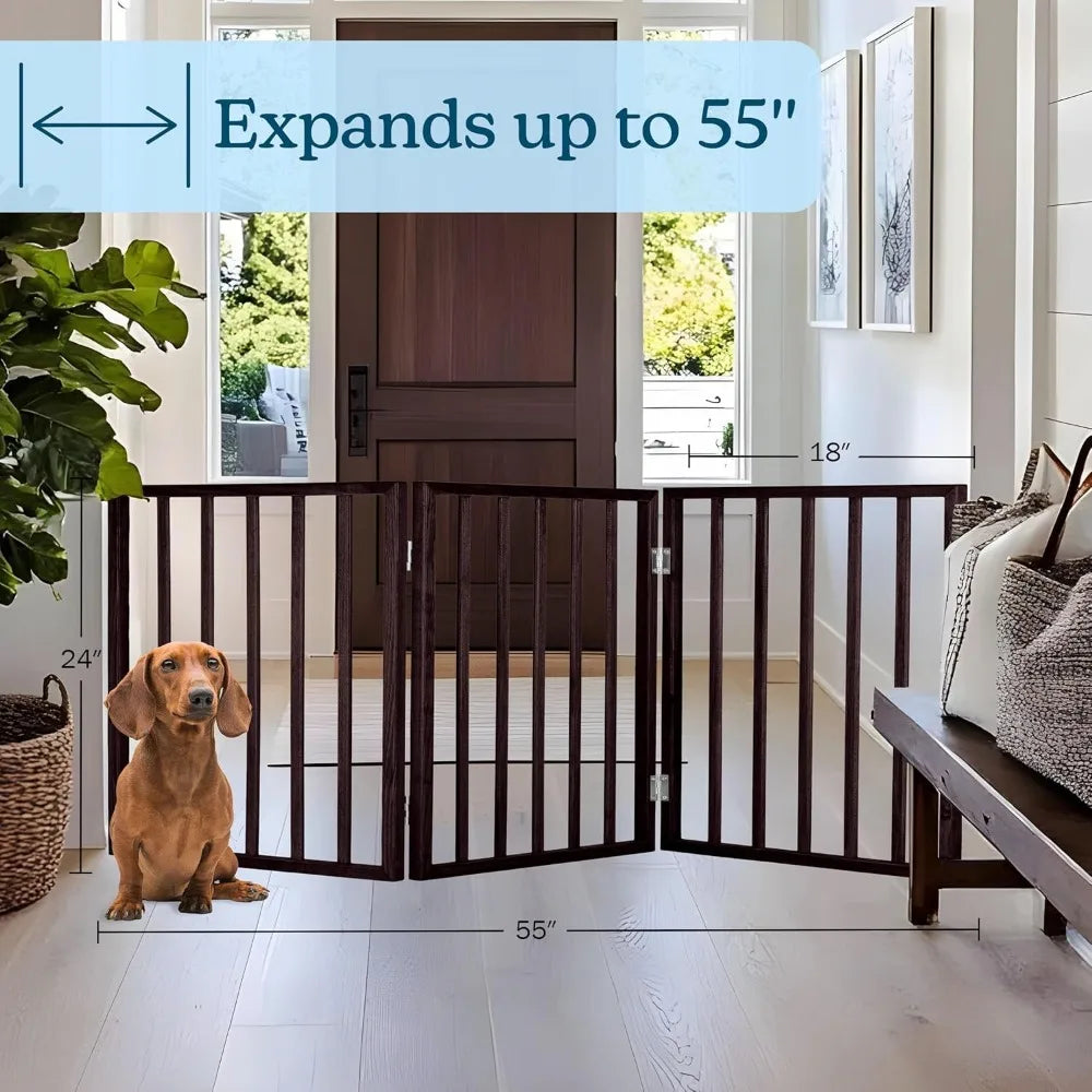 3-Panel Foldable Indoor Dog Gate for Stairs, Hallways, Doorways - 54x24-Inch Pet Fence in Brown