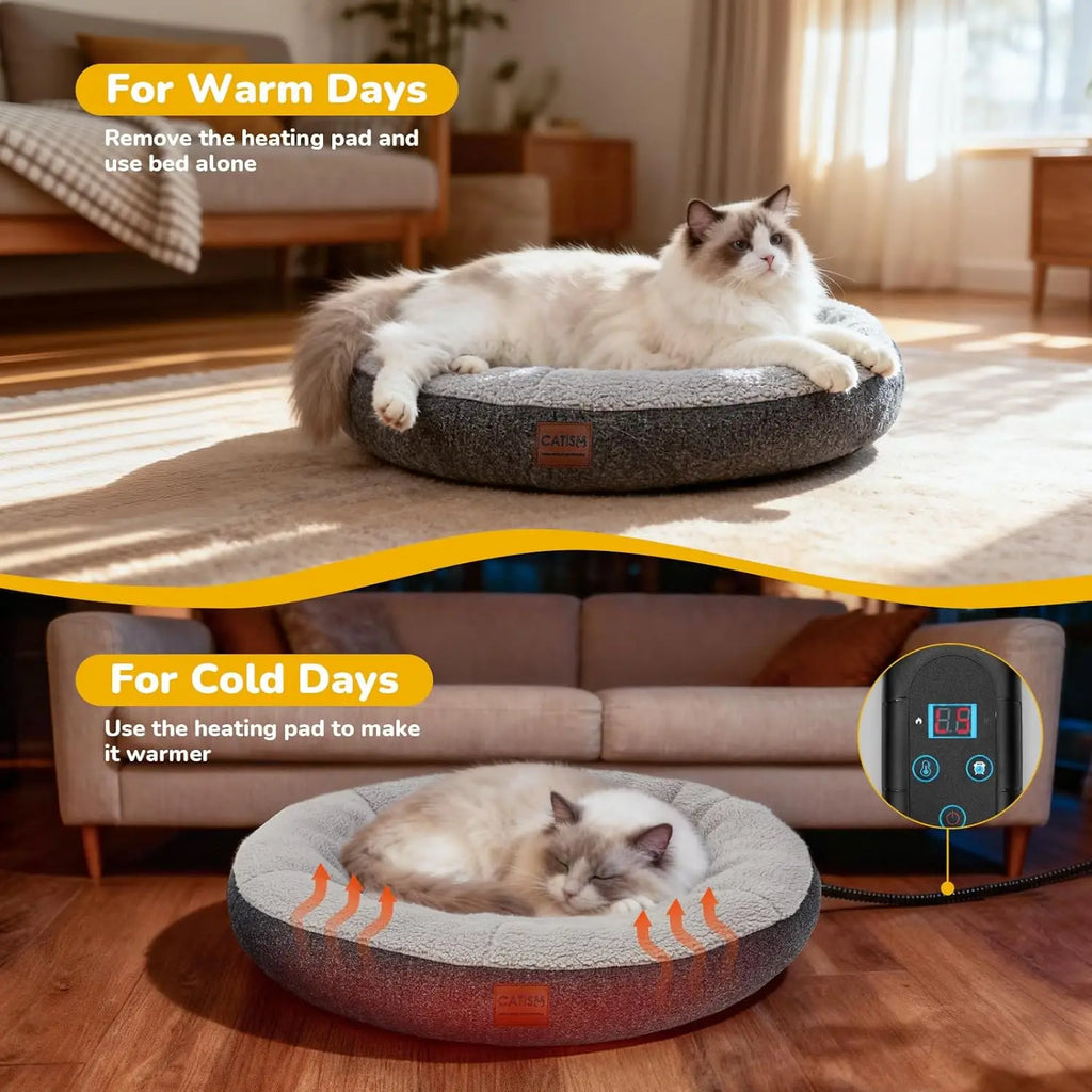 Heated Cat Bed Indoor - Self Warming Donut Cave with Timer & Adjustable Temperature