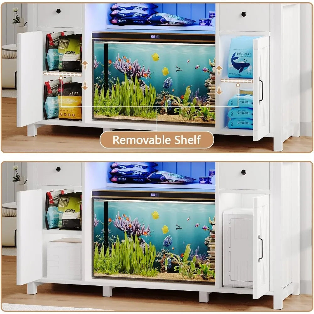 75 Gallon Fish Tank Stand with Power Outlets & LED Light, Farmhouse Stand with 2 Drawers and 2 Barn Doors