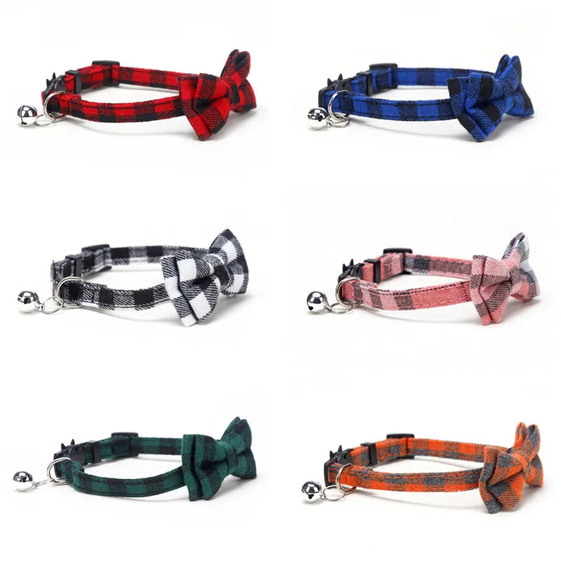 Pet Breakaway Cat Collar Bow Tie and Bell Cute Plaid, Elastic Adjustable Dog Collar With Sash