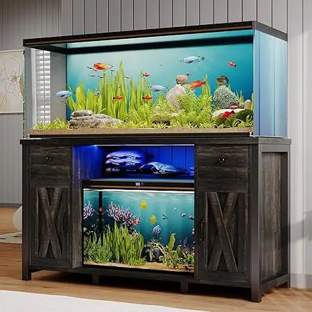 75 Gallon Fish Tank Stand with Power Outlets & LED Light, Farmhouse Stand with 2 Drawers and 2 Barn Doors