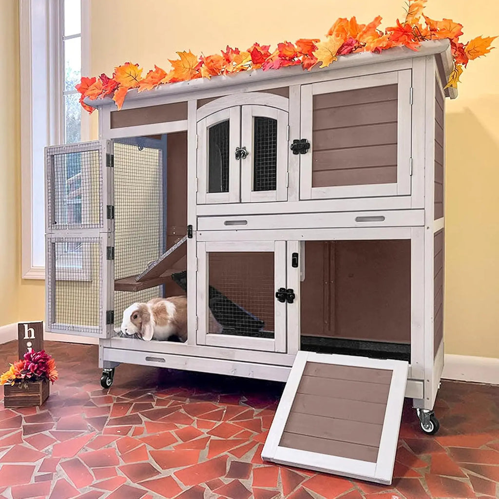 Rabbit Hutch Indoor Bunny House Guinea Pig Cage with Sliding Plastic Trays, Wheels & Ramp