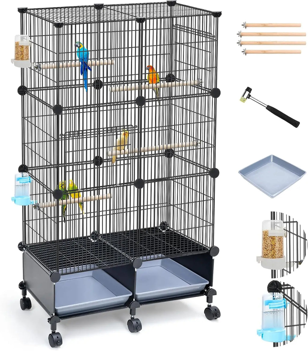 46-Inch Spacious Bird Cage with Wooden Perches, Slide-Out Tray, Water Bottle & Feeder