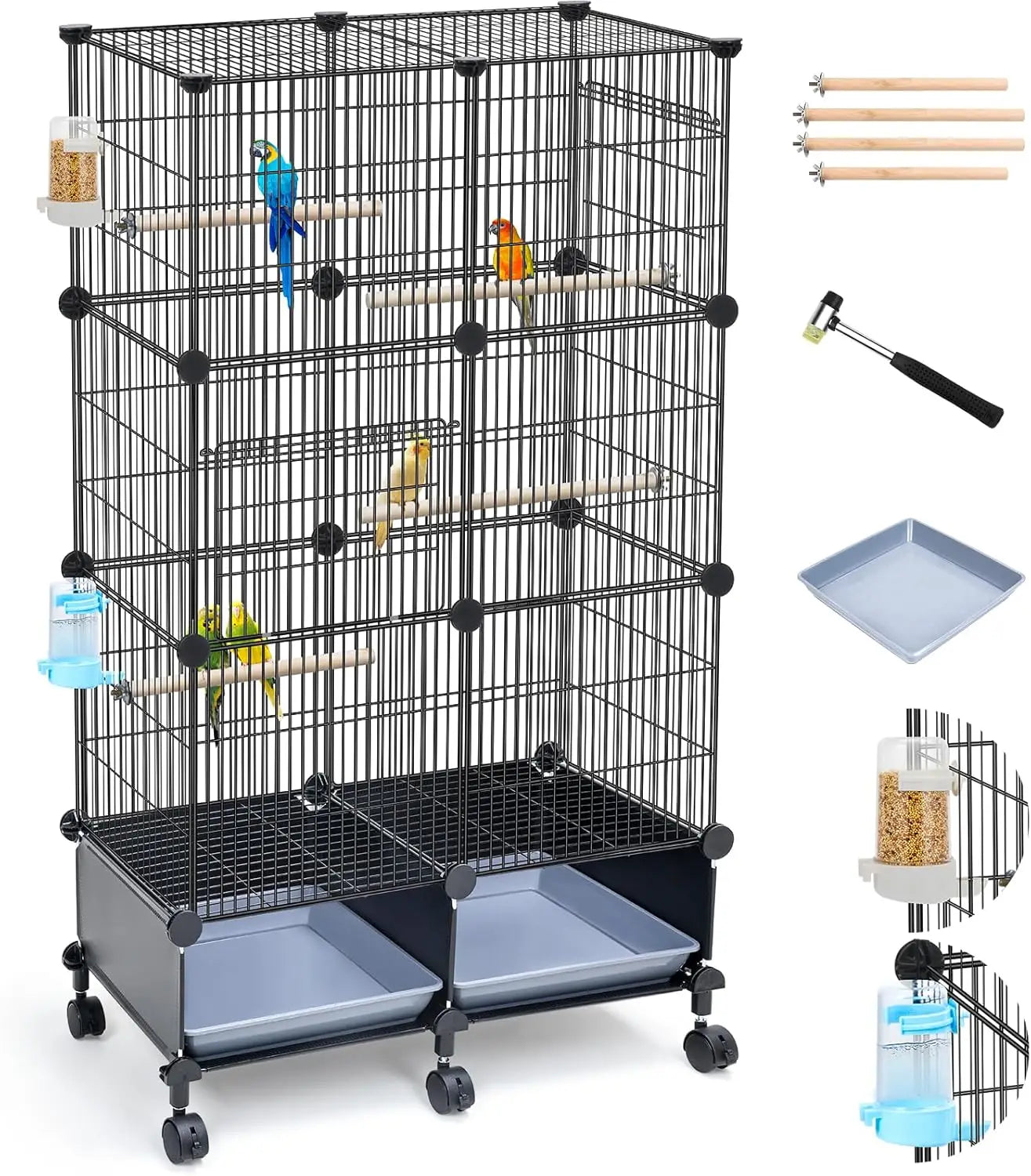 46-Inch Spacious Bird Cage with Wooden Perches, Slide-Out Tray, Water Bottle & Feeder