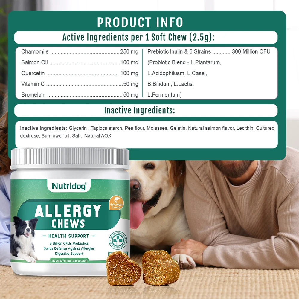 Dog Anti-Allergy Chews Salmon Flavor Soft Chew Skin Health Coat Defense 120 PCS/Bottle