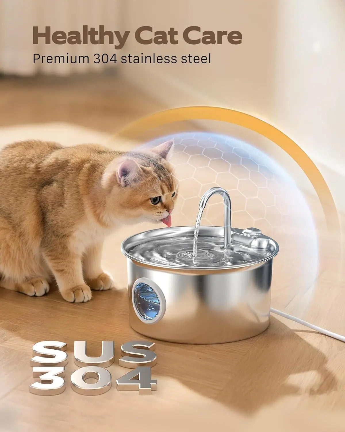 Stainless Steel Cat Water Fountain with 8 Filters & Sponges - 2.6L Quiet Pet Drinking Bowl
