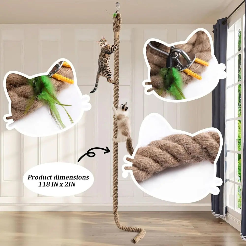 2 x 9.84ft Cat Climbing Rope with Hook or Ceiling & Wall Mount, Natural Sisal Rope