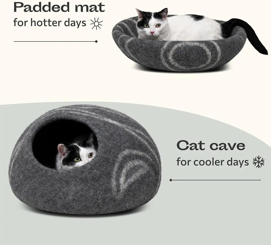 Premium Merino Wool Cat Cave Bed, Handmade Felt Hideaway for Indoor Cats