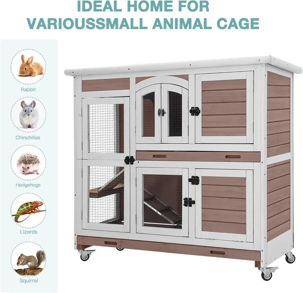 Rabbit Hutch Indoor Bunny House Guinea Pig Cage with Sliding Plastic Trays, Wheels & Ramp