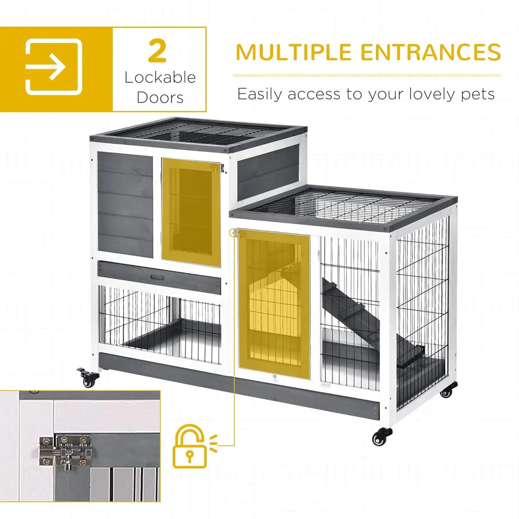 Wooden Rabbit Hutch Elevated Bunny Cage Indoor Small Animal Habitat with Enclosed Run with Wheels