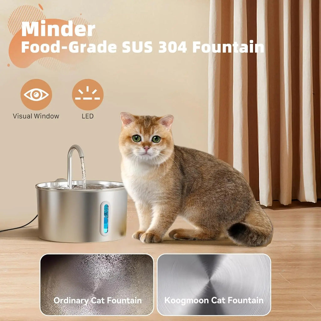 Stainless Steel Cat Water Fountain, 2.2L Automatic Water Dispenser with Quiet Pump and Level Window