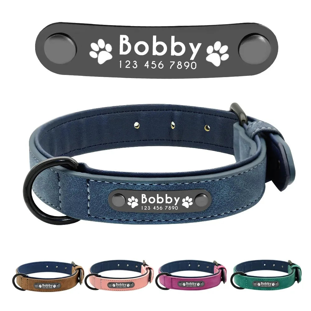 Personalized Name ID Tags, Text name Leather Dog Collar For Small Medium Large Dogs