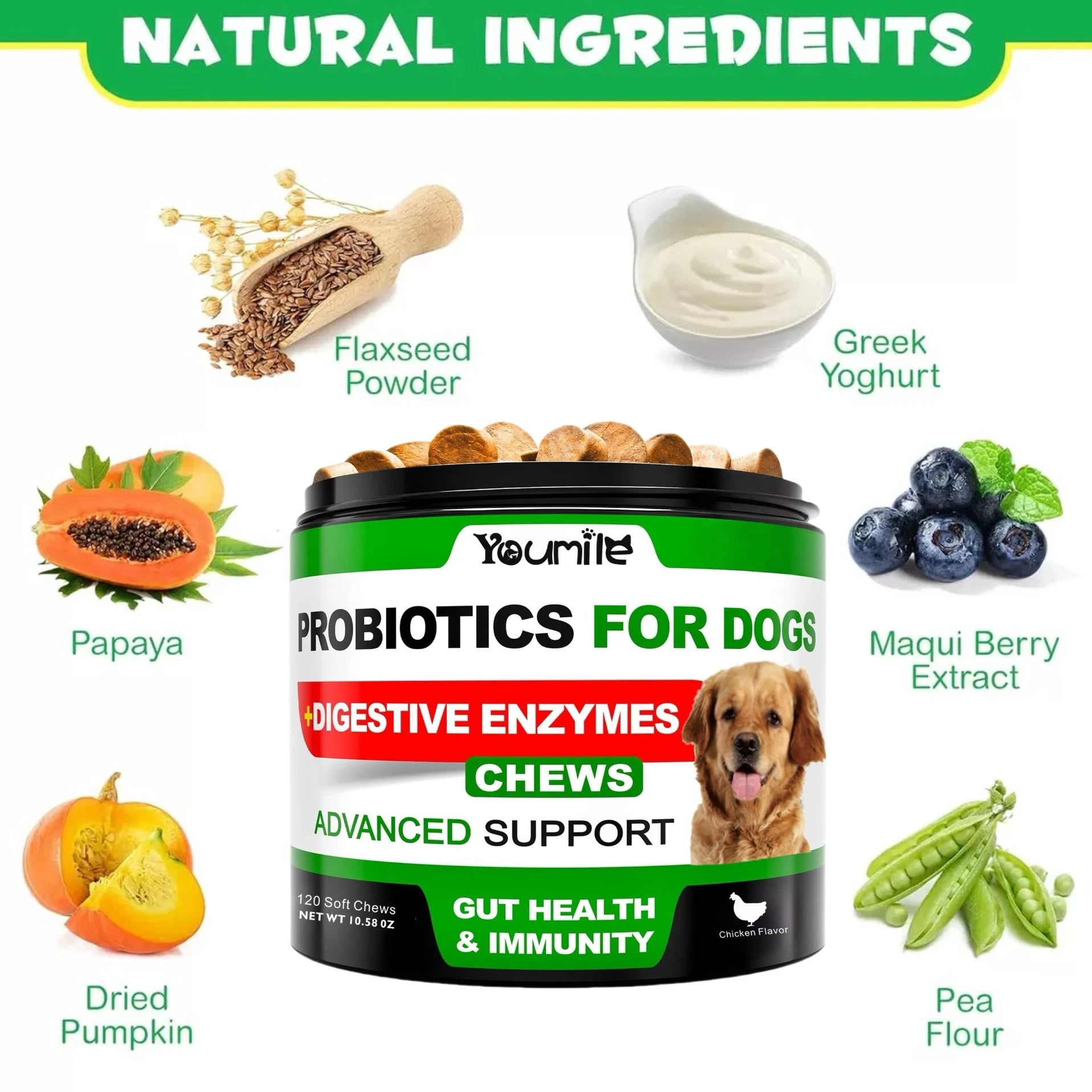 【120 Chews】Probiotics for Dogs-  - Relieve stomach sensitivity and dog gut health probiotics - Digestive Remedies